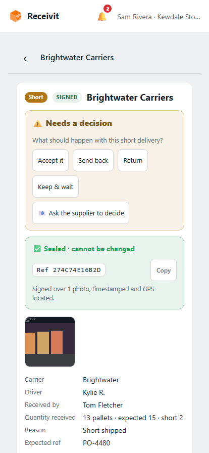 A short delivery in Receivit: a Needs a decision panel offering Accept it, Send back, Return, Keep and wait, or Ask the supplier to decide; below it a green Sealed cannot be changed banner with a receipt reference, the delivery photo, and the quantity received showing 13 pallets against 15 expected.
