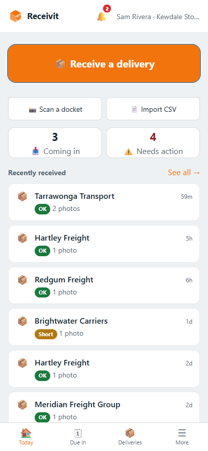 Receivit home screen on a phone: a large Receive a delivery button, counts for coming in and needs action, and a list of recently received deliveries marked OK, Short or Damaged.